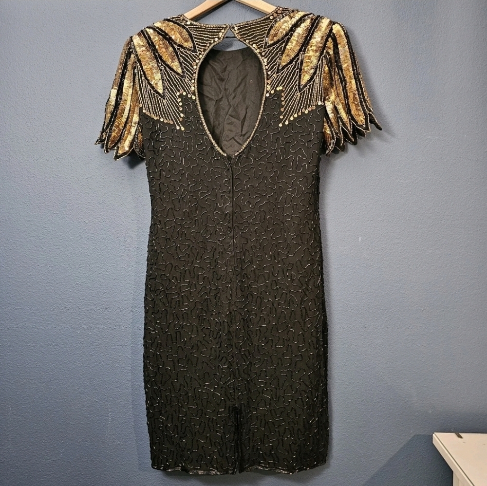 Vintage Black Dress with Gold Sequin Shoulder Detail - Picture 5 of 12